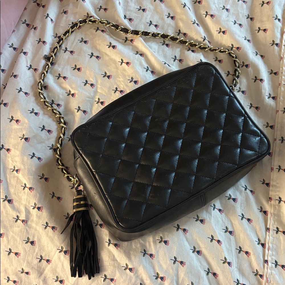 Black Quilted Shoulder Bag with Tassel
